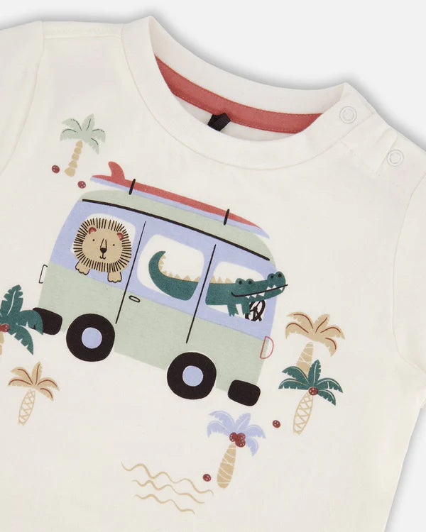 Ensemble haut à manches courtes et short en molleton beige avec palmiers et camion bleu