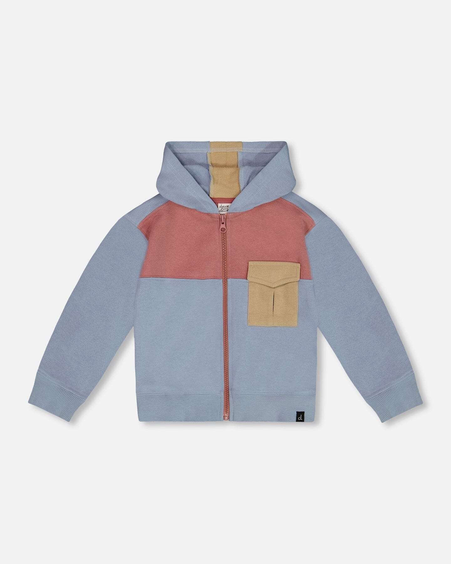 Sweat à capuchon zippé intégral en molleton bleu pâle et vieux rose foncé