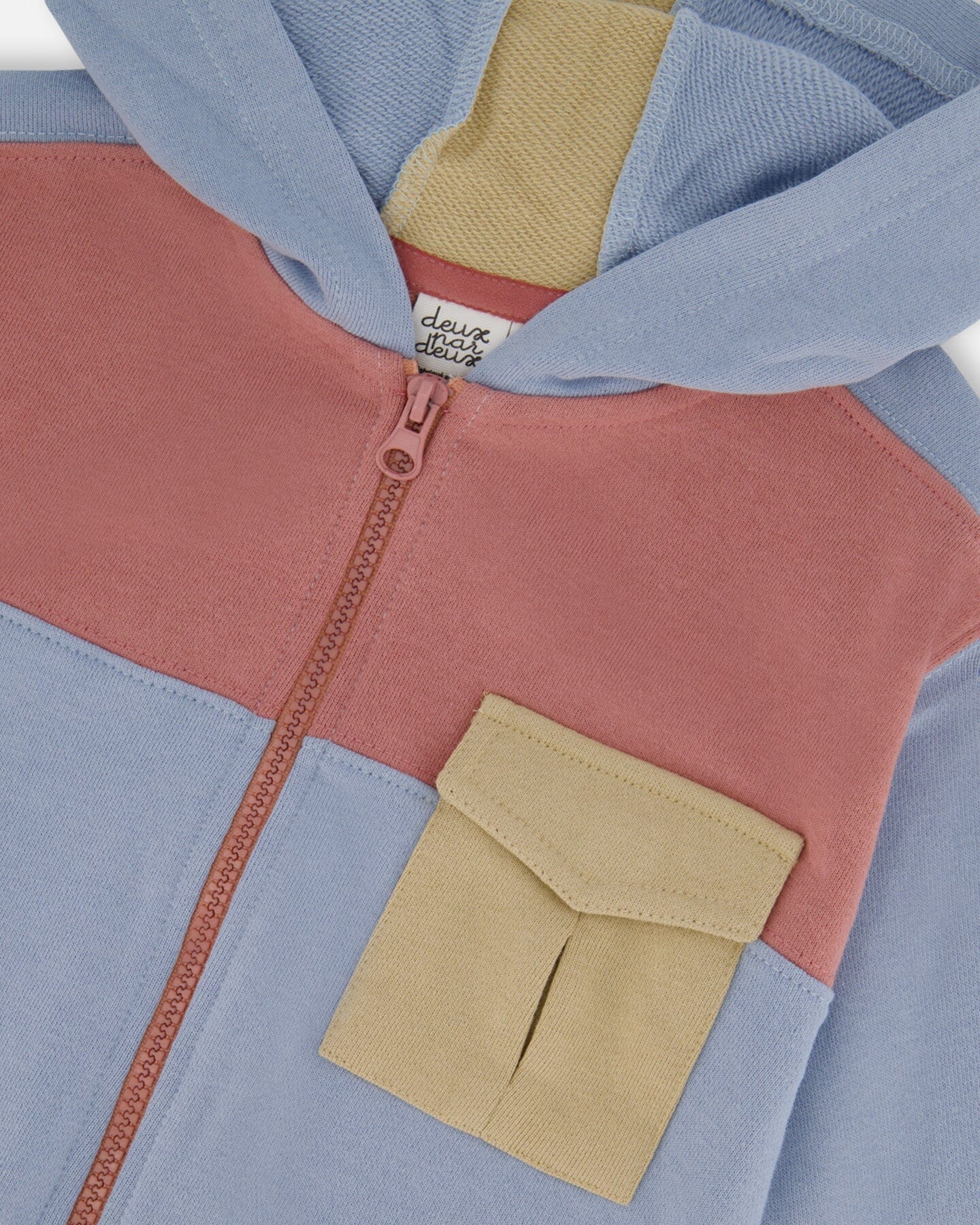 Sweat à capuchon zippé intégral en molleton bleu pâle et vieux rose foncé