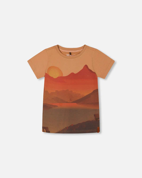 T-shirt imprimé coucher de soleil orange en coton biologique