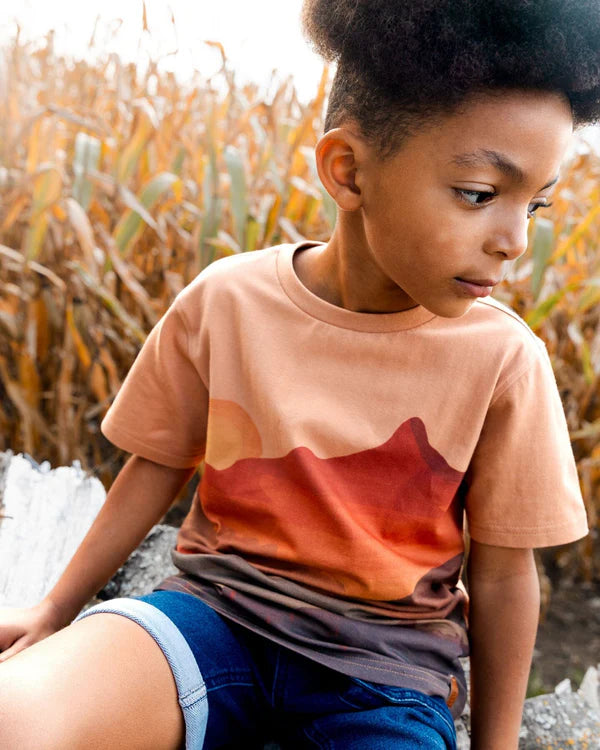 T-shirt imprimé coucher de soleil orange en coton biologique