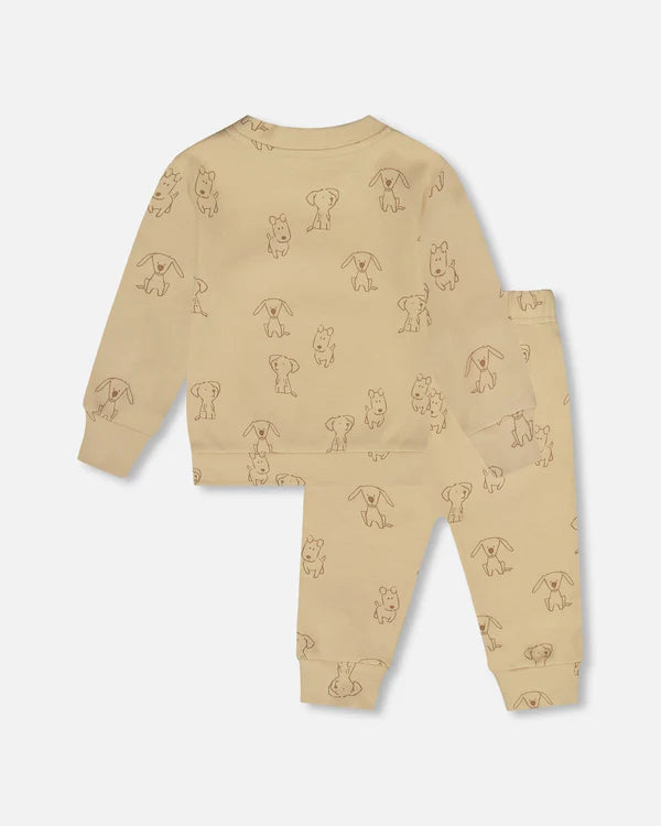 Ensemble pantalon et haut beige imprimé chiens en coton biologique