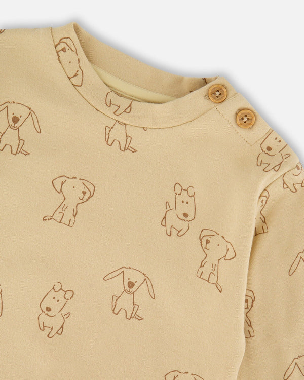 Ensemble pantalon et haut beige imprimé chiens en coton biologique