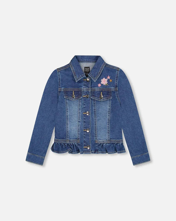 Veste en denim bleu avec ourlet à volants et broderies florales
