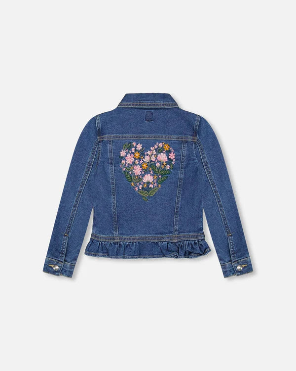 Veste en denim bleu avec ourlet à volants et broderies florales