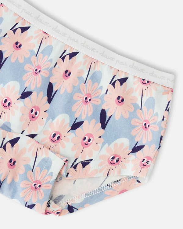 Culotte garçonne en coton biologique bleu imprimé fleurs souriantes