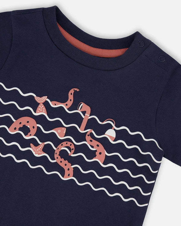 Ensemble t-shirt et short en coton biologique bleu et rayures brique