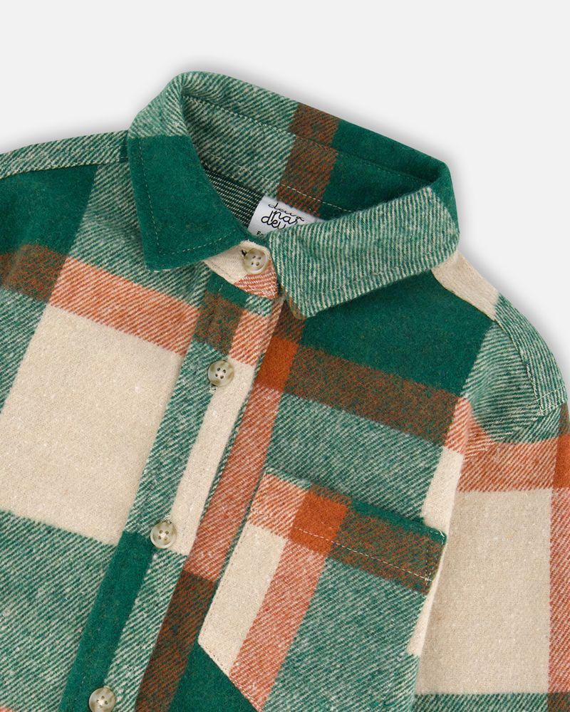 Chemise à carreaux en fils teints à manches longues vert, orange et blanc cassé