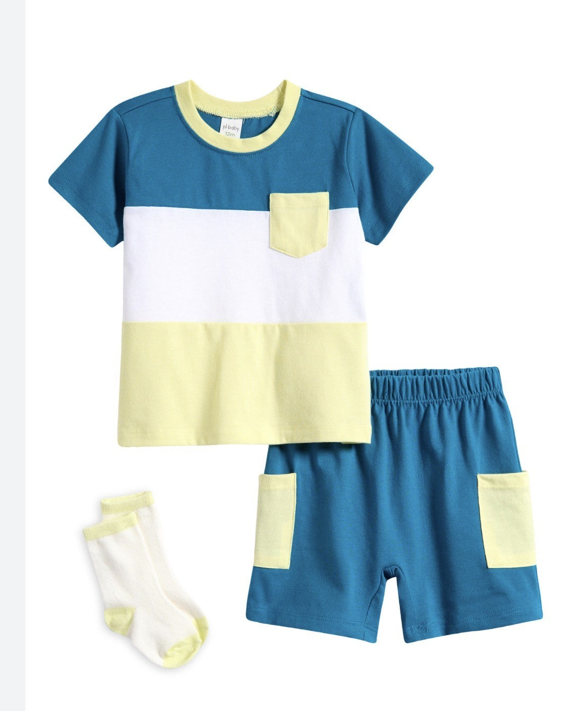 Ensemble pour bébé 3 pièces style dynamique en bleu canard, blanc et jaune fluo