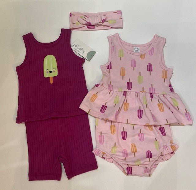 Kit de 2 ensembles Fille, comprend 5 morceaux, un kit thème des friandises glacées avec bandeau assortie et un kit fuchsia côtelé avec un popsicle souriant