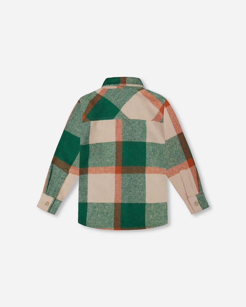 Chemise à carreaux en fils teints à manches longues vert, orange et blanc cassé