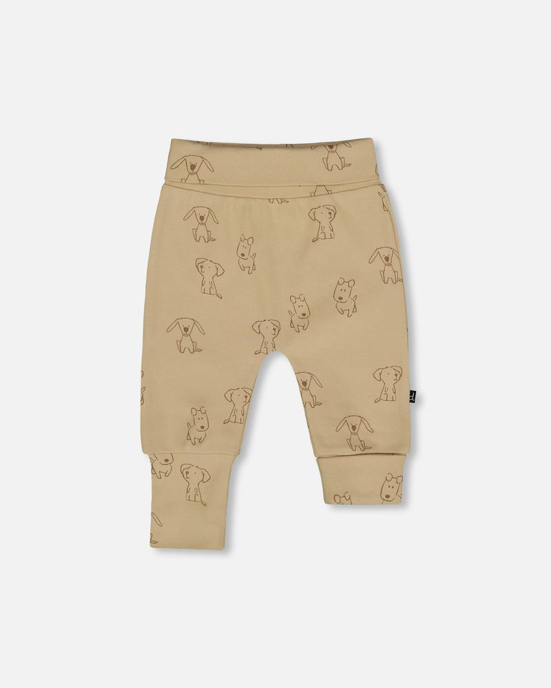 Ensemble pantalon et haut beige imprimé chiens en coton biologique
