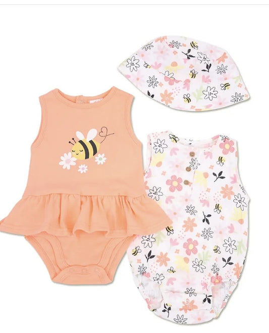 Ensemble 3 pièces pour 2 caches-couches orangé et un blanc imprimé fleurs et abeilles avec chapeau du même imprimé