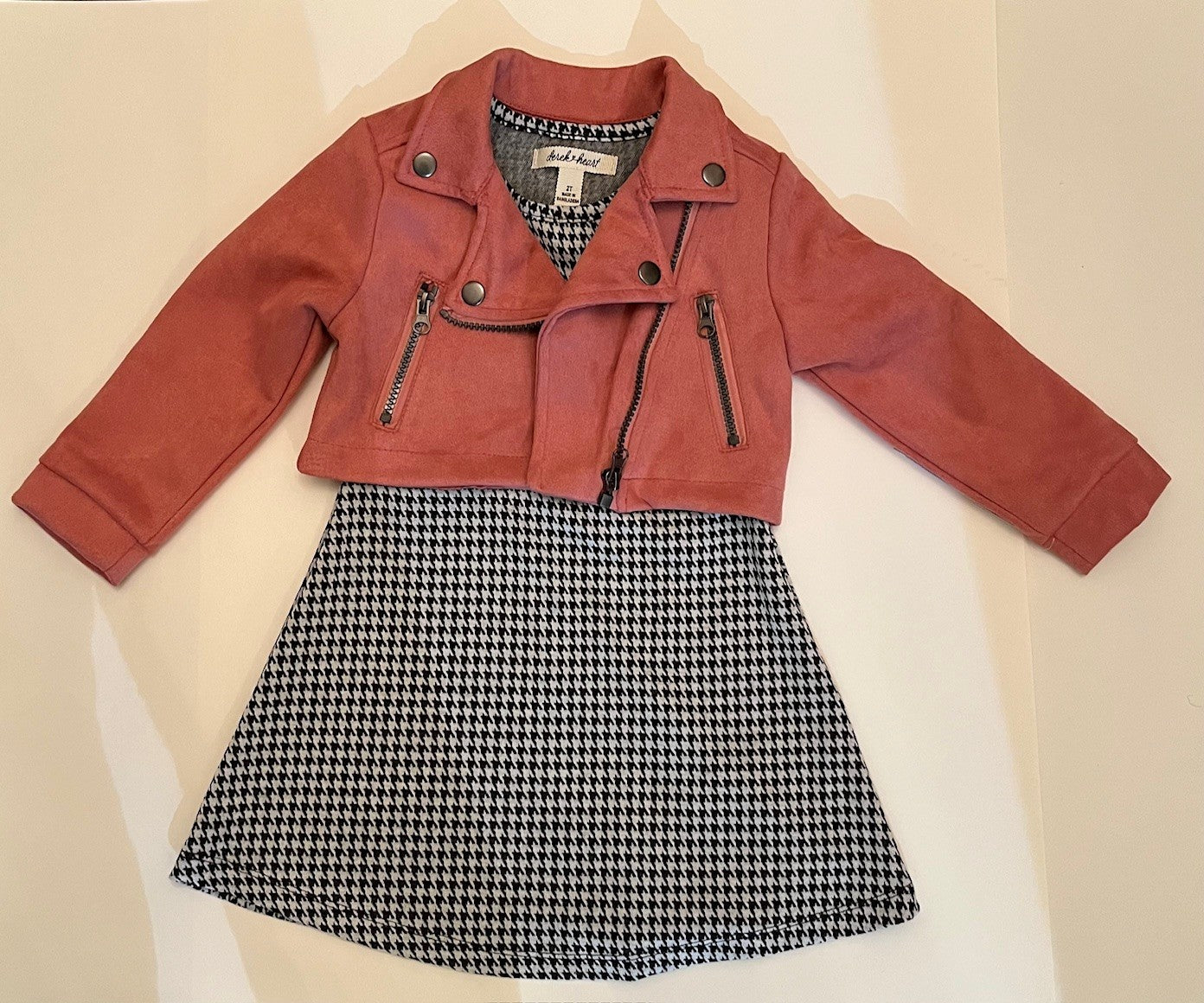 Ensemble 2 morceaux- Robe manche longue pied de poule avec veste courte vieux rose style denim