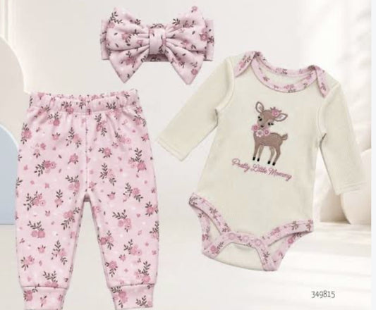 Ensemble trois pièces bébé fille, cerf/fleurs