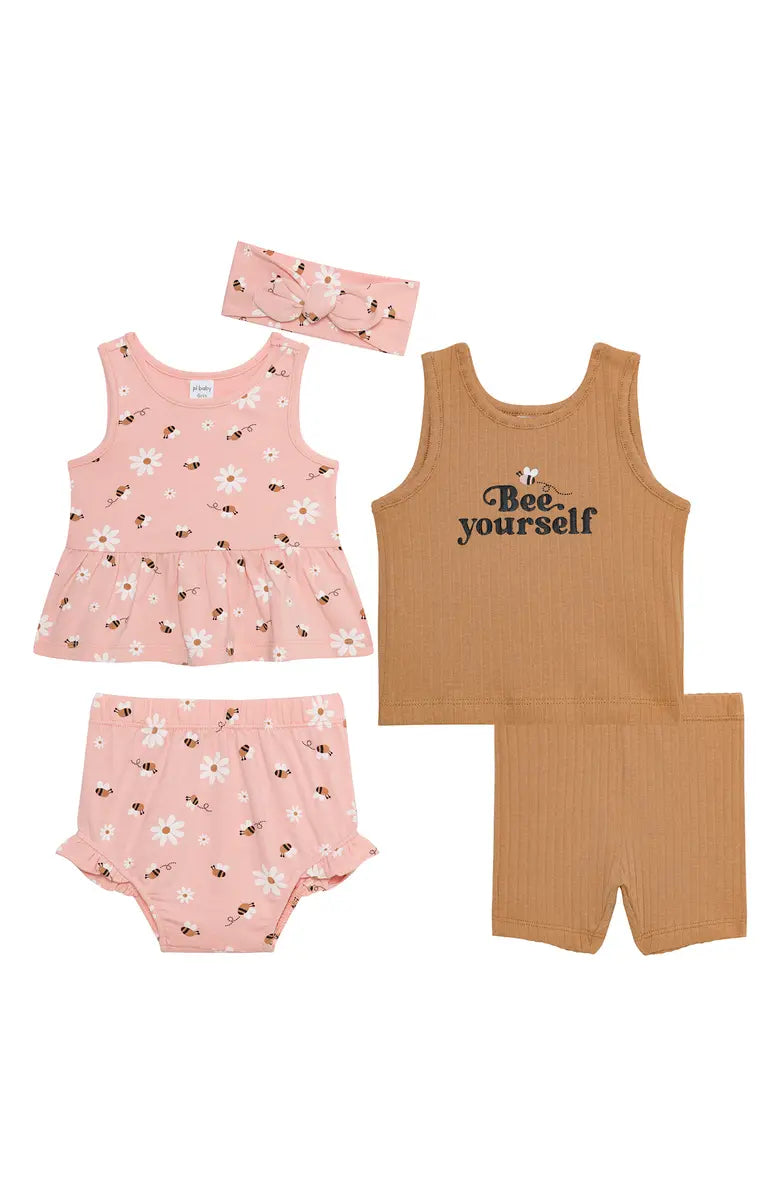 Kit de 2 ensembles Fille, comprend 5 morceaux avec motifs fleurs et abeille avec bandeau et une marron côtelée inscription, Bee yourself.