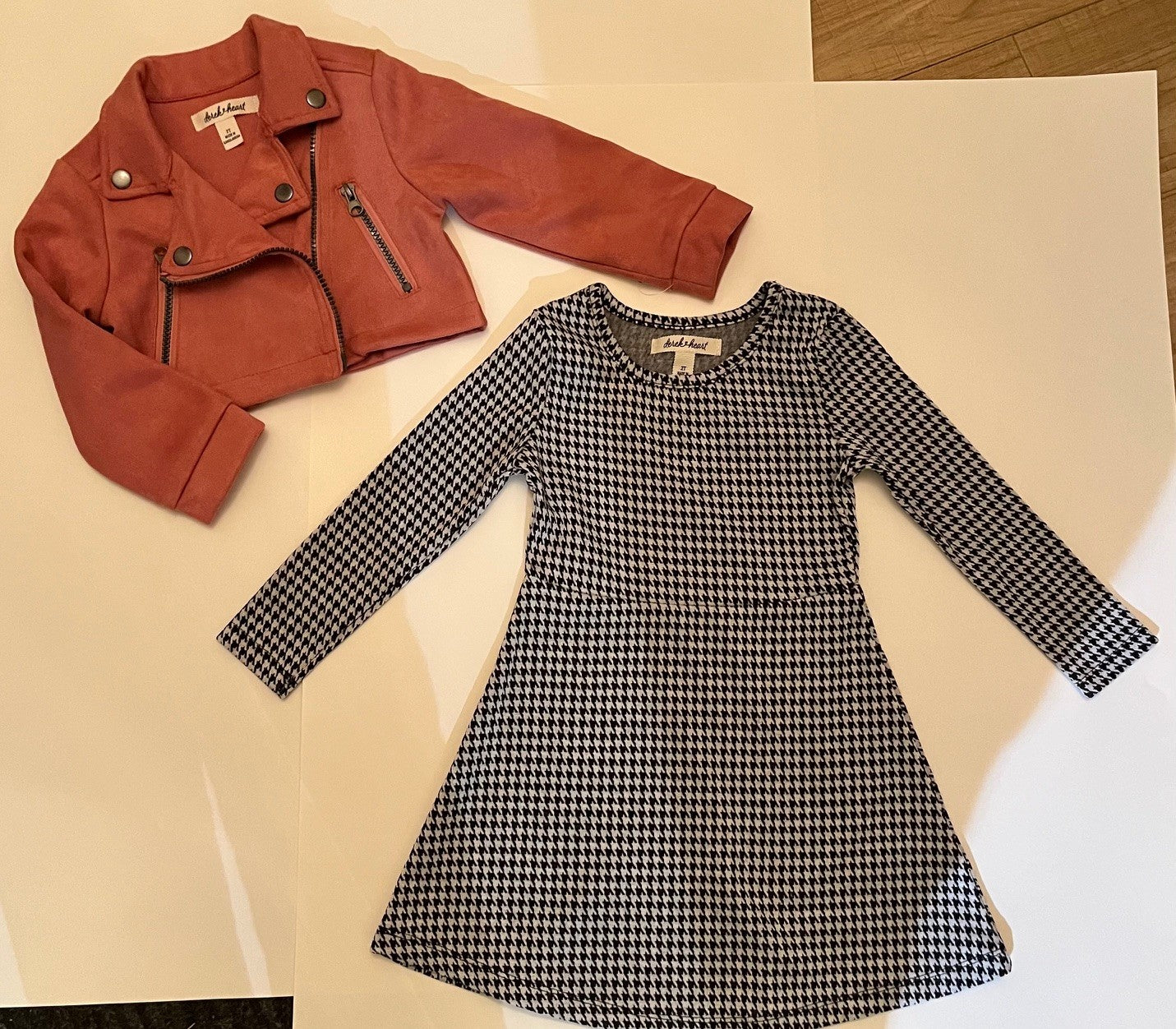 Ensemble 2 morceaux- Robe manche longue pied de poule avec veste courte vieux rose style denim