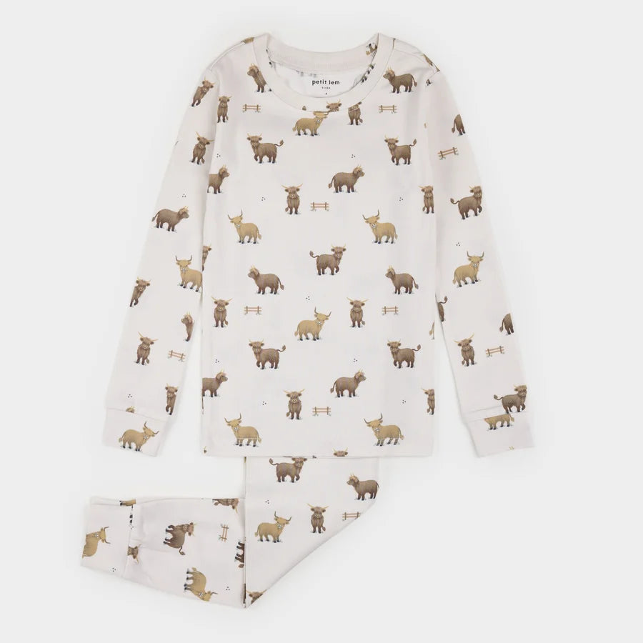 Ensemble pyjama LunaKnit crème à imprimé vaches écossaises
