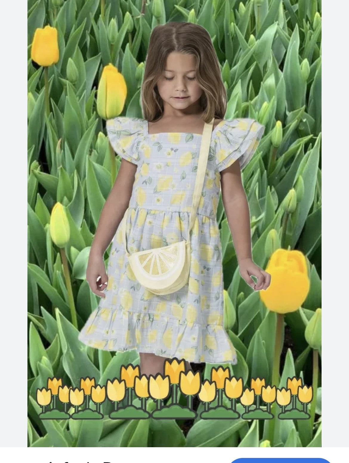 Ensemble robe imprimé citrons sur font bleu pale  et sac a main tranche de citron.