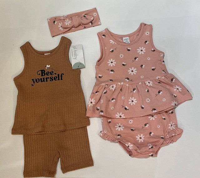 Kit de 2 ensembles Fille, comprend 5 morceaux avec motifs fleurs et abeille avec bandeau et une marron côtelée inscription, Bee yourself.