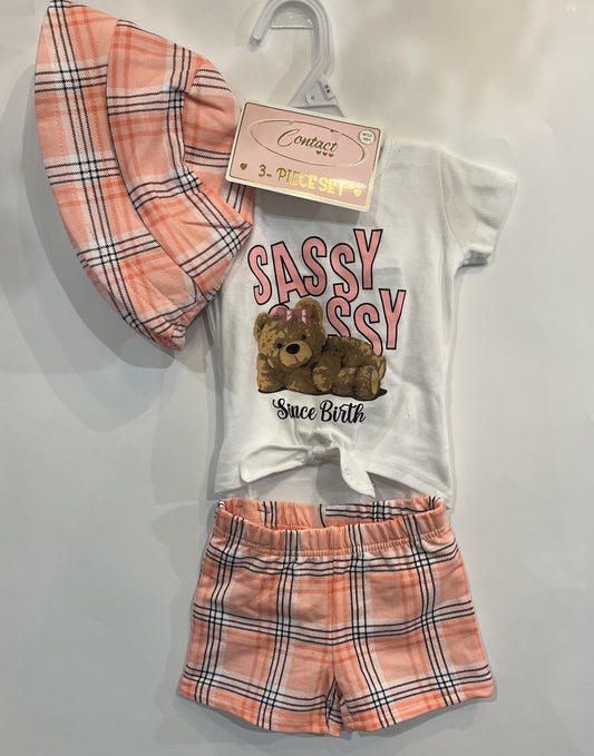 Ensemble 3 pièces pour fille t-shirt a noeud blanc imprimé ourson short et chapeau bob a carreaux