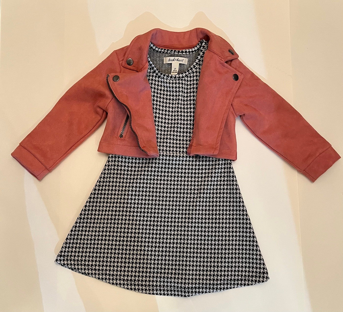 Ensemble 2 morceaux- Robe manche longue pied de poule avec veste courte vieux rose style denim