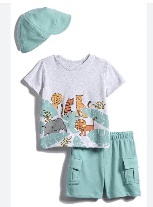 Ensemble pour bébé trois pièces t-shirt imprimé animaux safari.