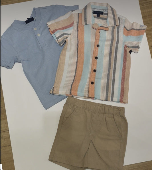 Ensemble 3 pièces- chemise manche courte, t-shirt bleu pale et short