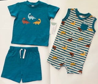 Ensemble trois morceaux bleu et blanc, t-shirt, short et barboteuse