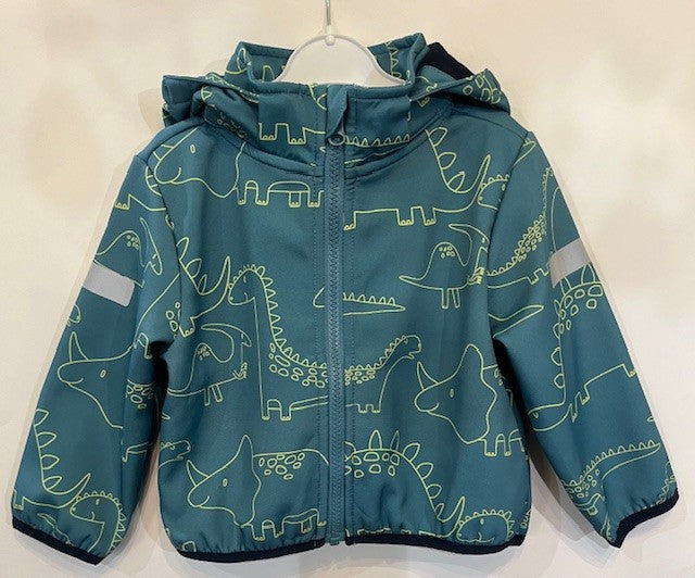 Veste mi-saison, bleu sarcelle orné d'un imprimé dinosaures.