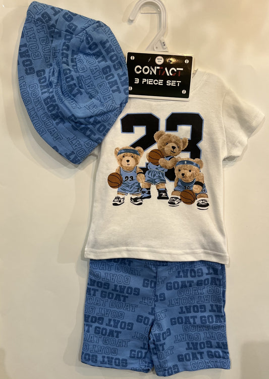 Ensemble 3 pièces garçon t-shirt blanc imprimé oursons avec short et chapeau bob qui s'agence.