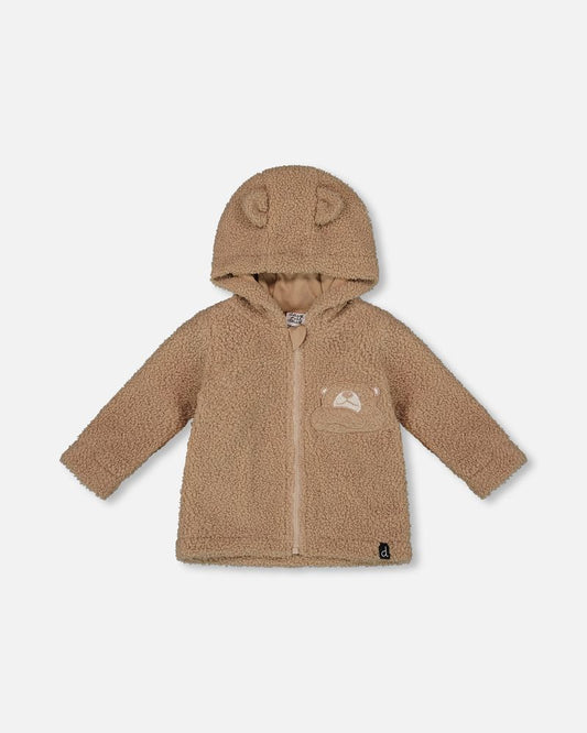 Veste ours zippée avec capuchon en sherpa brun