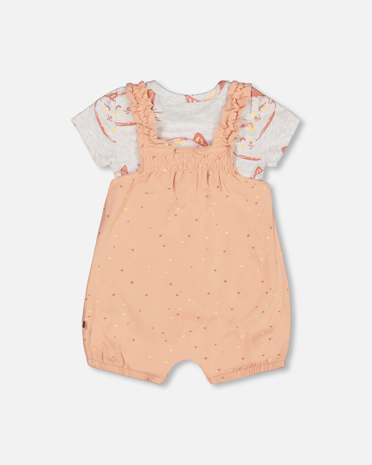 Ensemble cache-couche et salopette rose pêche avec cœurs en coton biologique