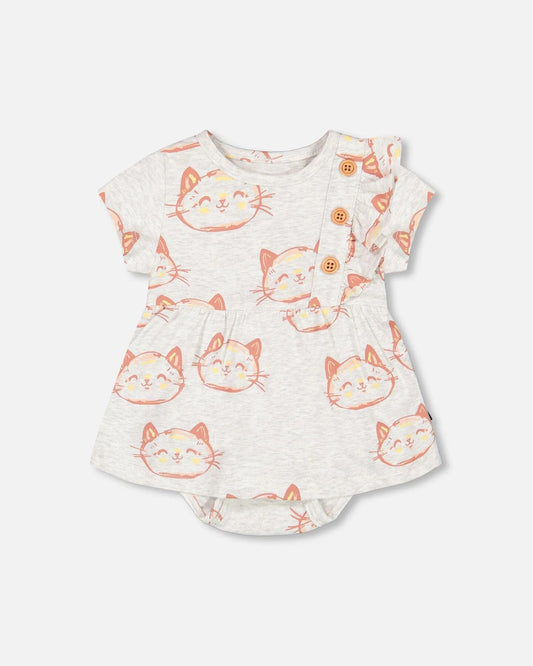 Barboteuse robe beige chiné avec imprimé de chats en coton biologique