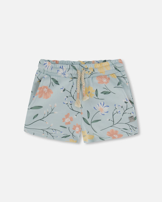 Short bleu clair à fleurs en coton français