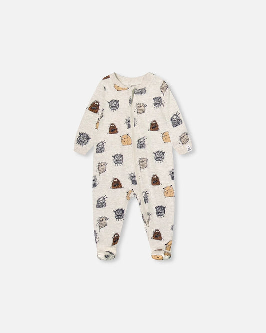 Pyjama Une-Pièce Beige Chiné Imprimé De Monstres En Coton Biologique