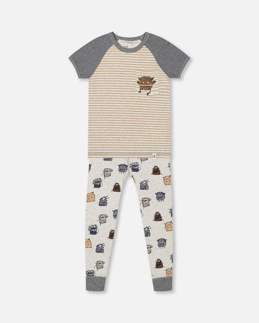 Ensemble Pyjama Deux-Pièces Beige Chiné Imprimé De Monstres En Coton Biologique