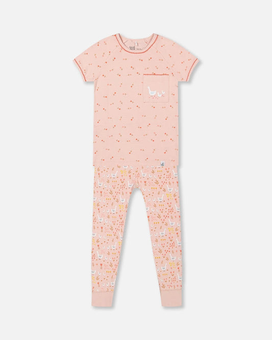 Ensemble Pyjama Deux-Pièces Rose Imprimé D'oies En Coton Biologique