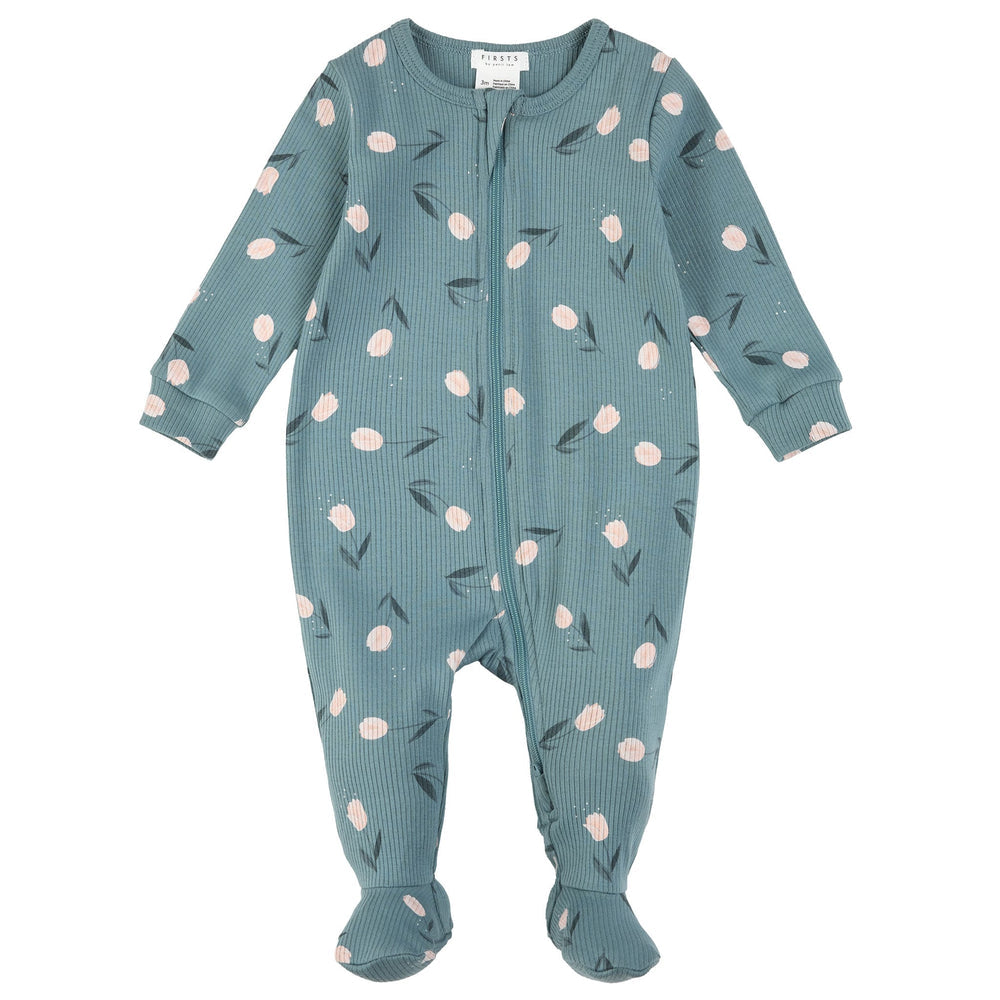 Dormeuse sarcelle imprimé tulipes sur coton biologique côtelée