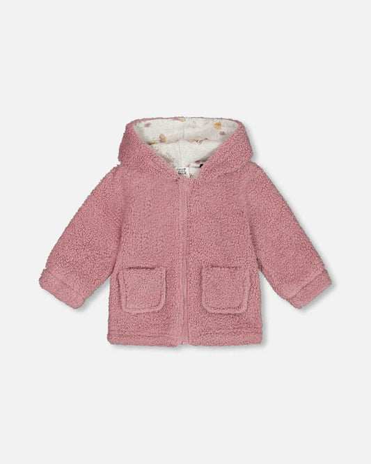 Veste zippée à capuchon en sherpa bois de rose avec doublure imprimée