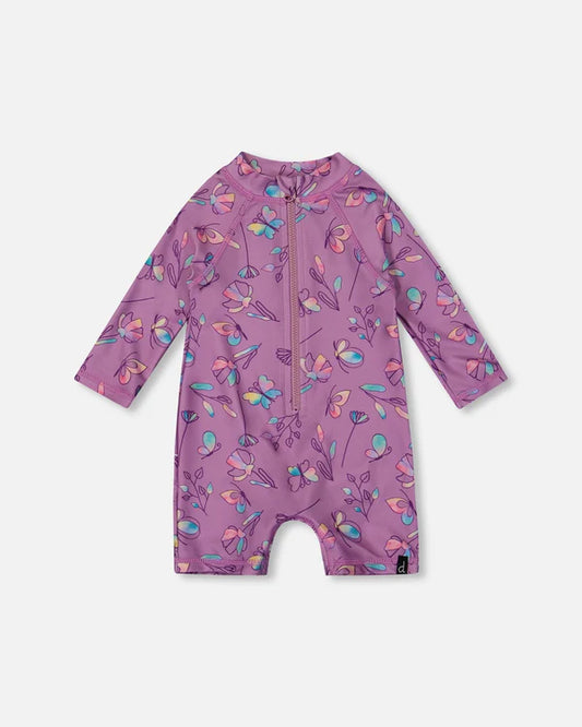 Maillot une-pièce mauve avec papillons multicolores