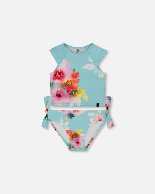 Maillot de bain deux-pièces imprimé turquoise avec fleurs roses