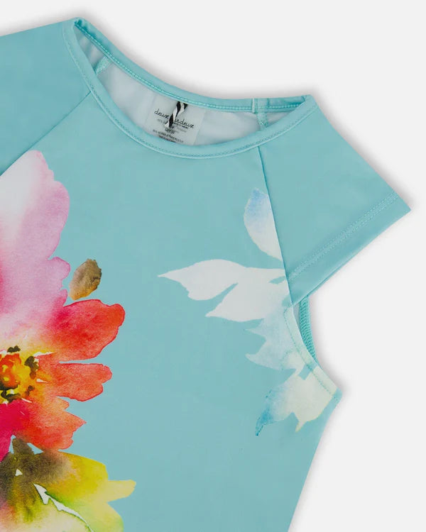Maillot de bain deux-pièces imprimé turquoise avec fleurs roses