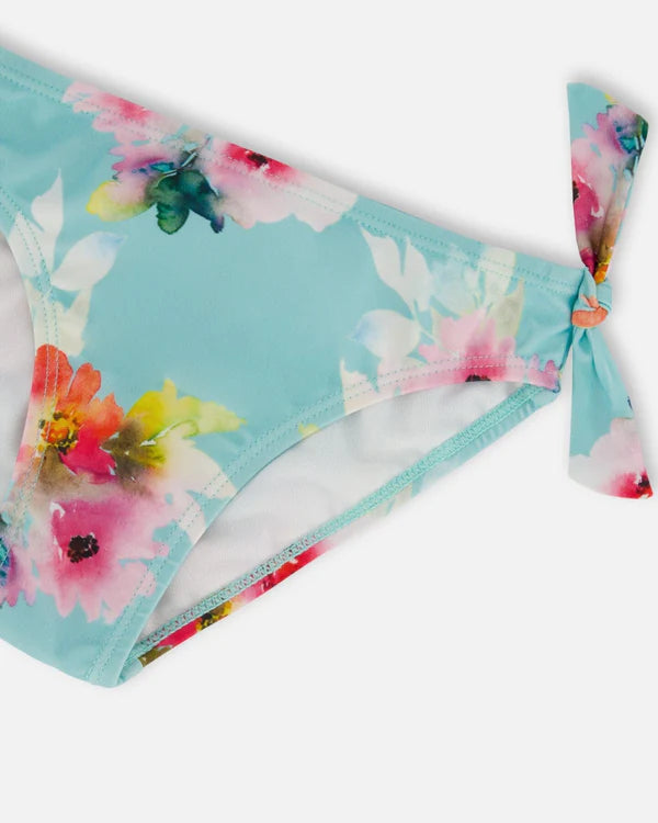 Maillot de bain deux-pièces imprimé turquoise avec fleurs roses