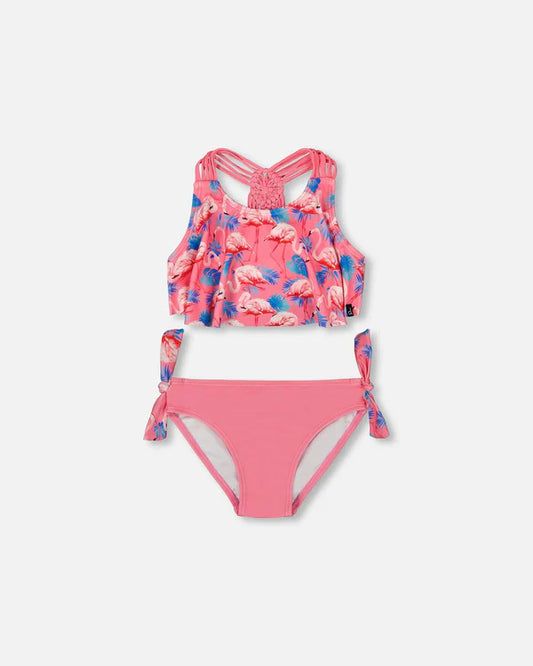 Maillot de bain deux-pièces imprimé rose bonbon avec flamants roses