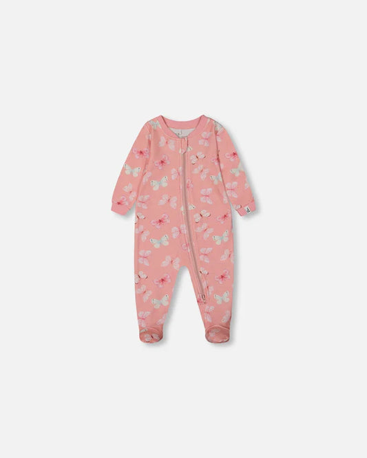 Pyjama une pièce papillons sur fond vieux rose