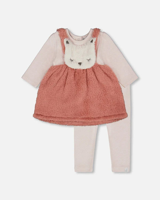 Ensemble robe bi-matière et legging vieux rose