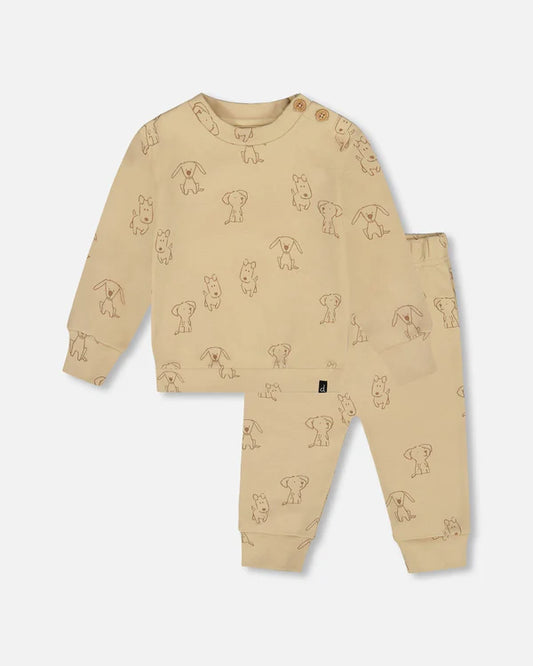 Ensemble pantalon et haut beige imprimé chiens en coton biologique