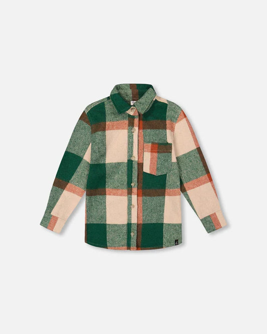 Chemise à carreaux en fils teints à manches longues vert, orange et blanc cassé