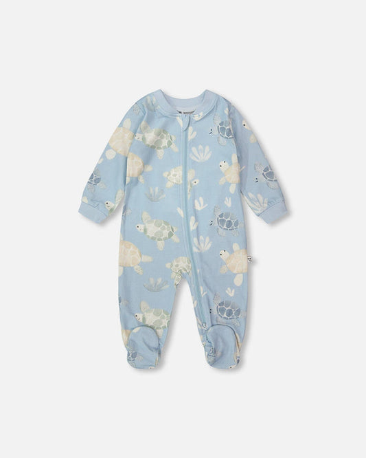 Pyjama une-pièce en jersey de coton biologique bleu imprimé tortues